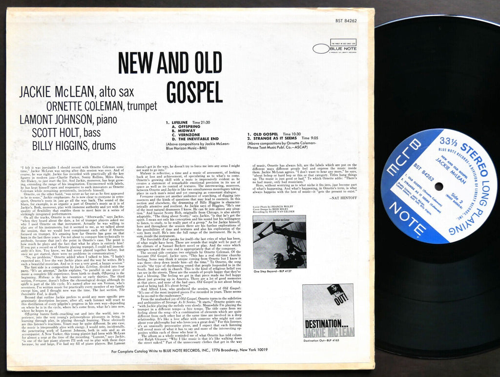 JACKIE MCLEAN New And Old Gospel LP BLUE NOTE BST 84262 US 1968 Ornette Coleman