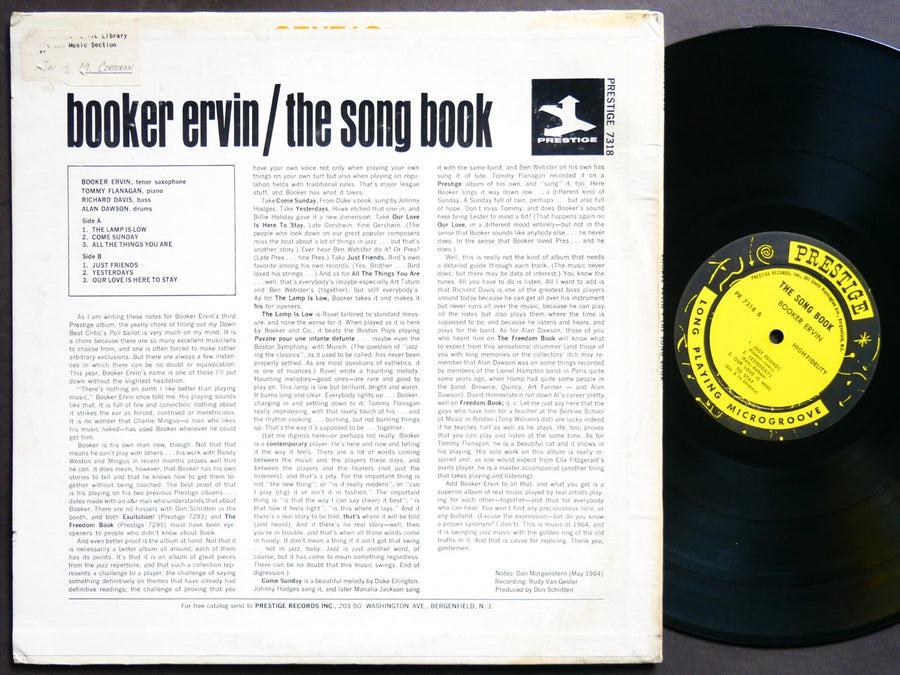 BOOKER ERVIN The Song Book LP PRESTIGE PR 7318 US 1964 RVG MONO Tommy Flanagan