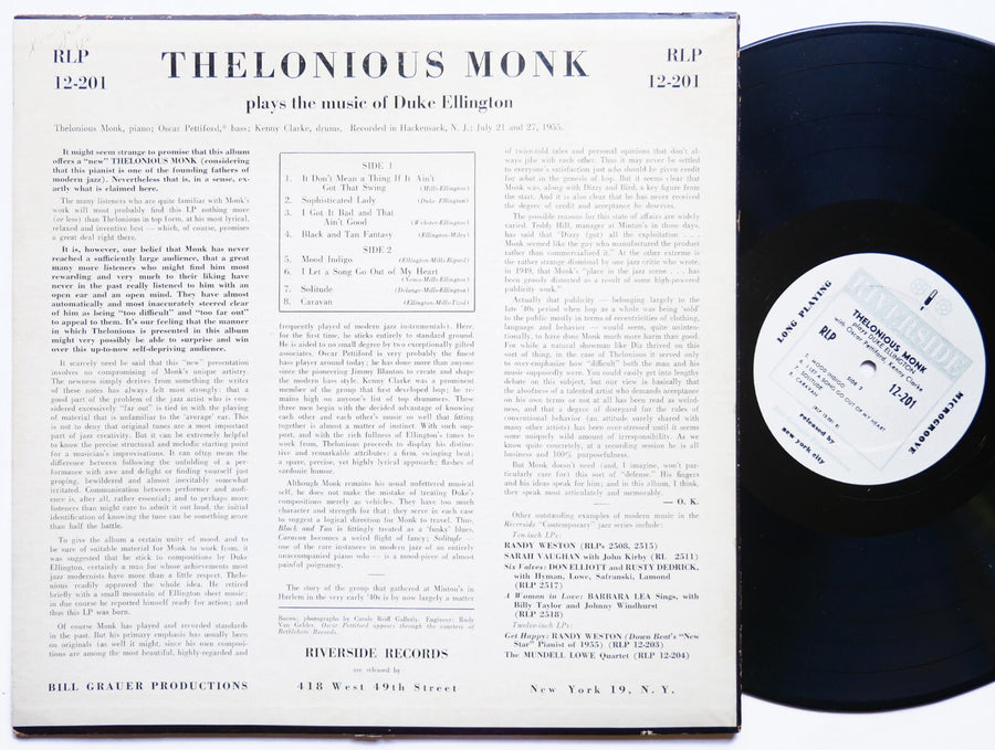 THELONIOUS MONK Plays The Music Of DUKE ELLINGTON LP RIVERSIDE RLP 12-201 MONO