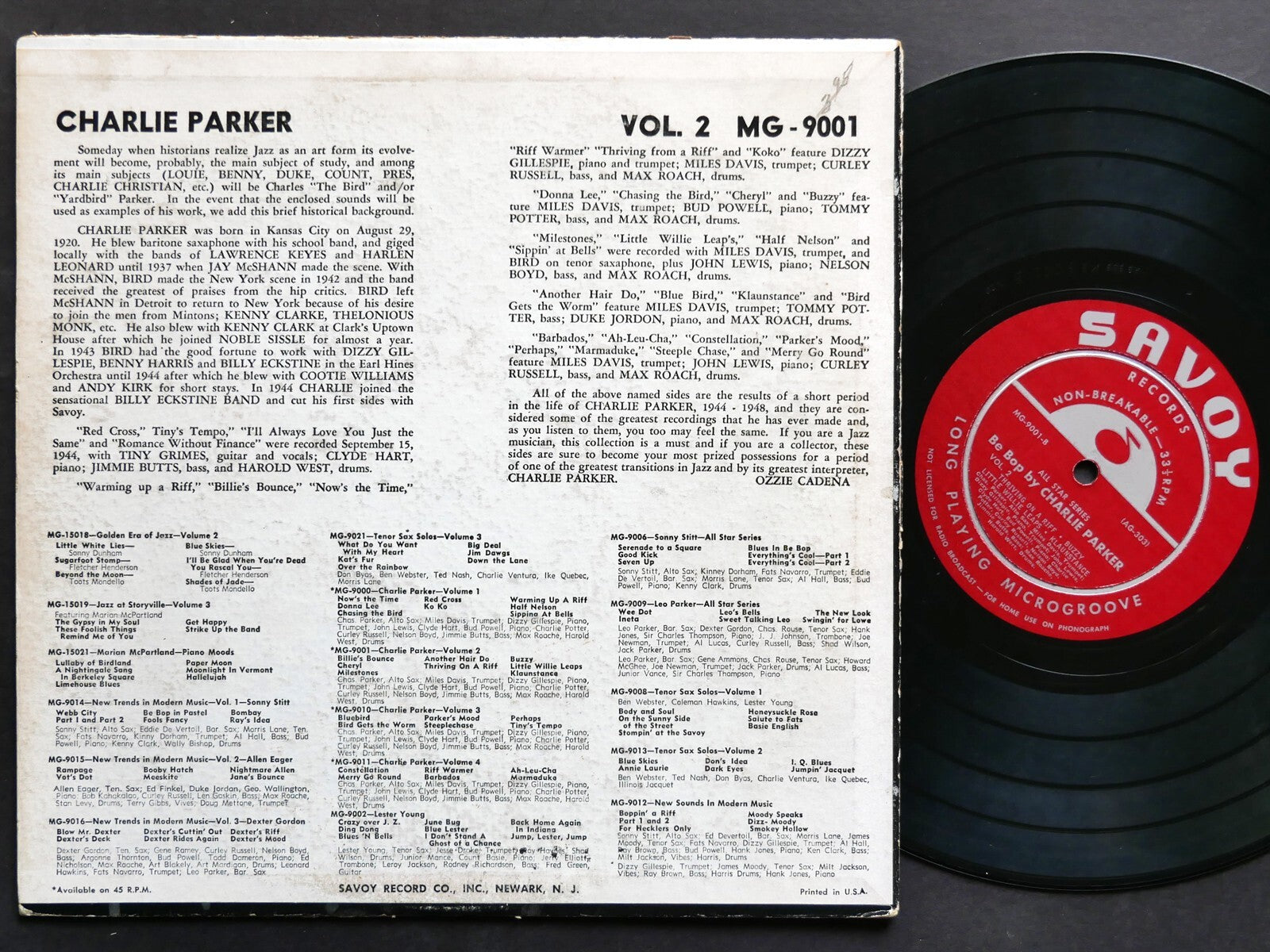 CHARLIE PARKER Vol. 2 LP SAVOY MG 9001 US 1955 MONO Miles Davis Bud Powell 10"