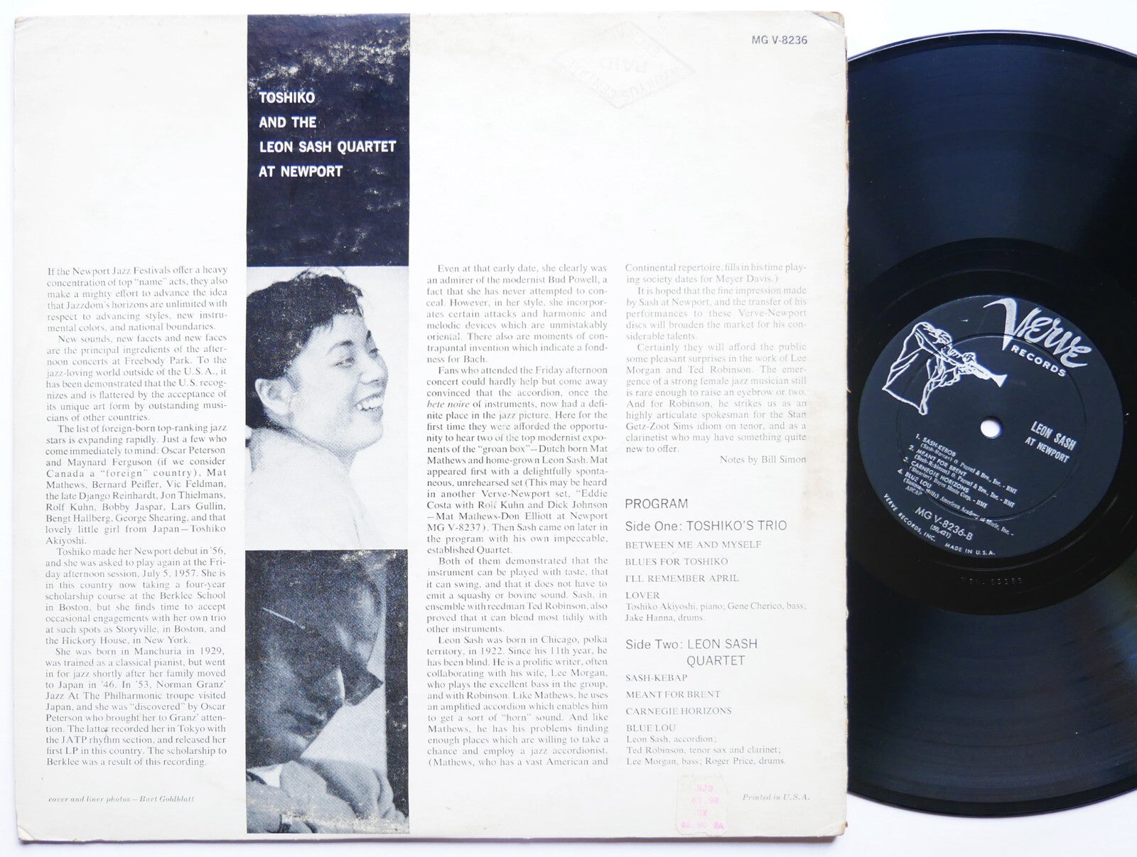 TOSHIKO AKIYOSHI LEON SASH At Newport LP VERVE RECORDS MG V-8236 US 1958 DG MONO