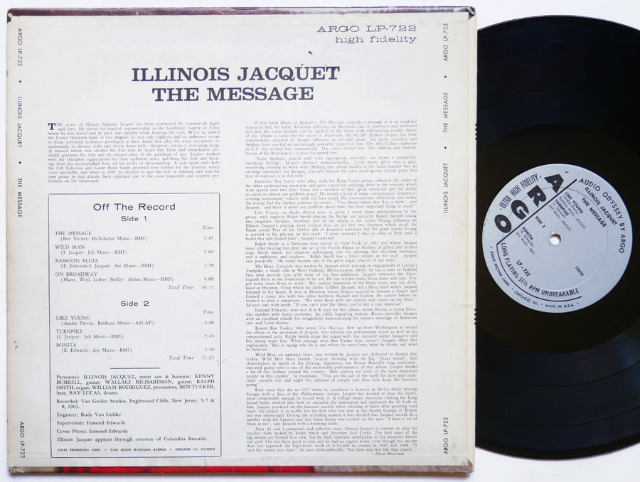 ILLINOIS JACQUET The Message LP ARGO LP-722 US 1963 MONO JAZZ Kenny Burrell