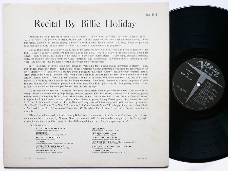BILLIE HOLIDAY Recital By LP VERVE RECORDS MGV-8027 US 1957 DG MONO DSM JAZZ