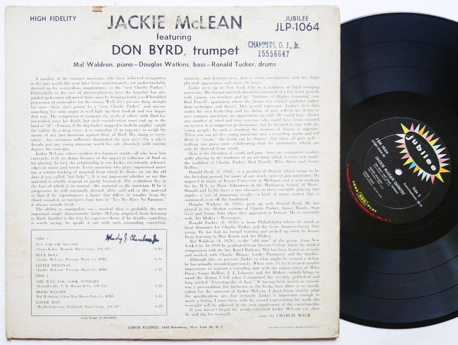 JACKIE MCLEAN Quintet LP JUBILEE JGM 1064 US '60 DG MONO Donald Byrd Mal Waldron