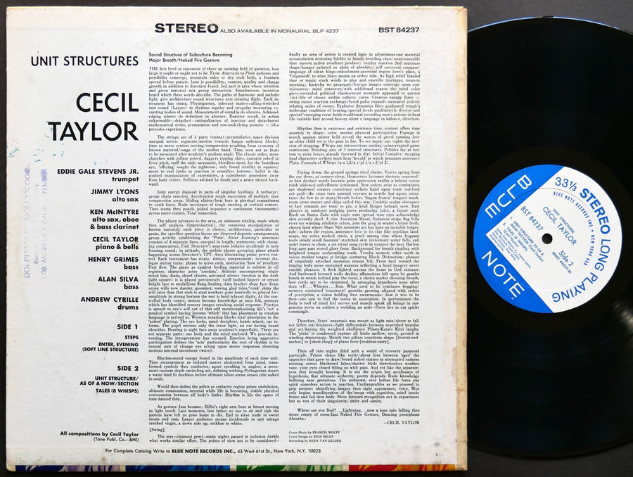 CECIL TAYLOR Unit Structures LP BLUE NOTE 84237 US 1966 NY RVG ST Alan Silva