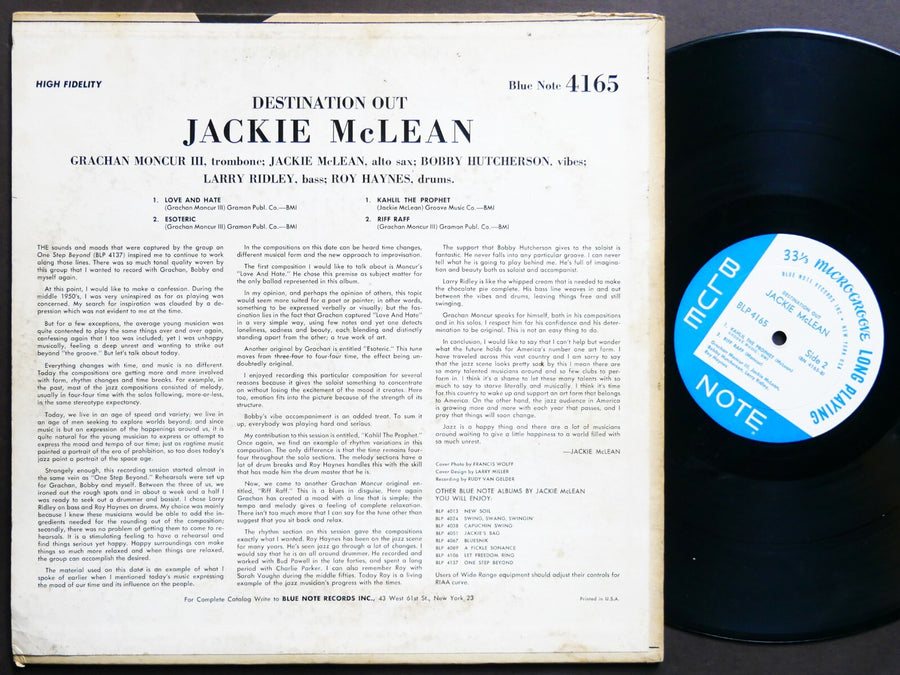 JACKIE MCLEAN Destination Out! LP BLUE NOTE 4165 NY EAR MONO Grachan Moncur III