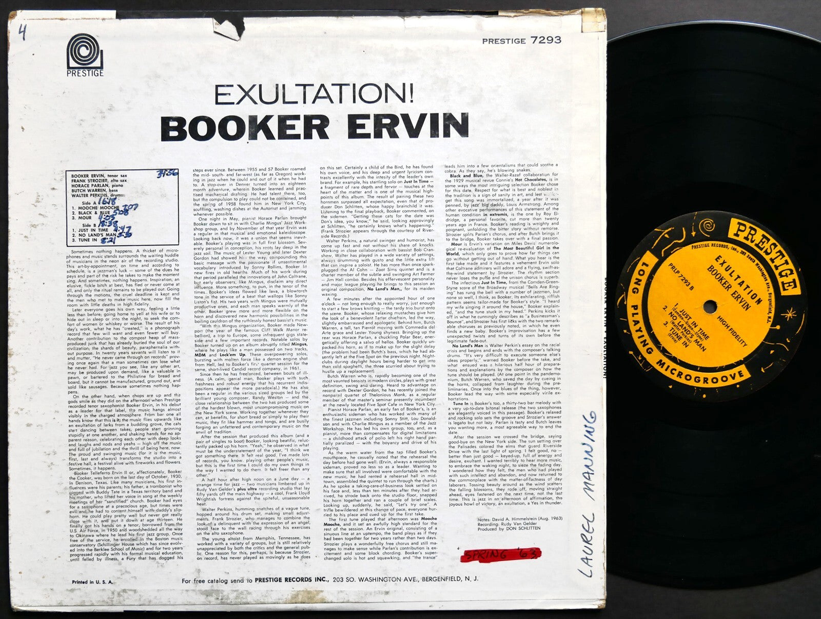 BOOKER ERVIN Exultation! LP PRESTIGE PRLP 7293 US 1963 NJ RVG MONO Horace Parlan