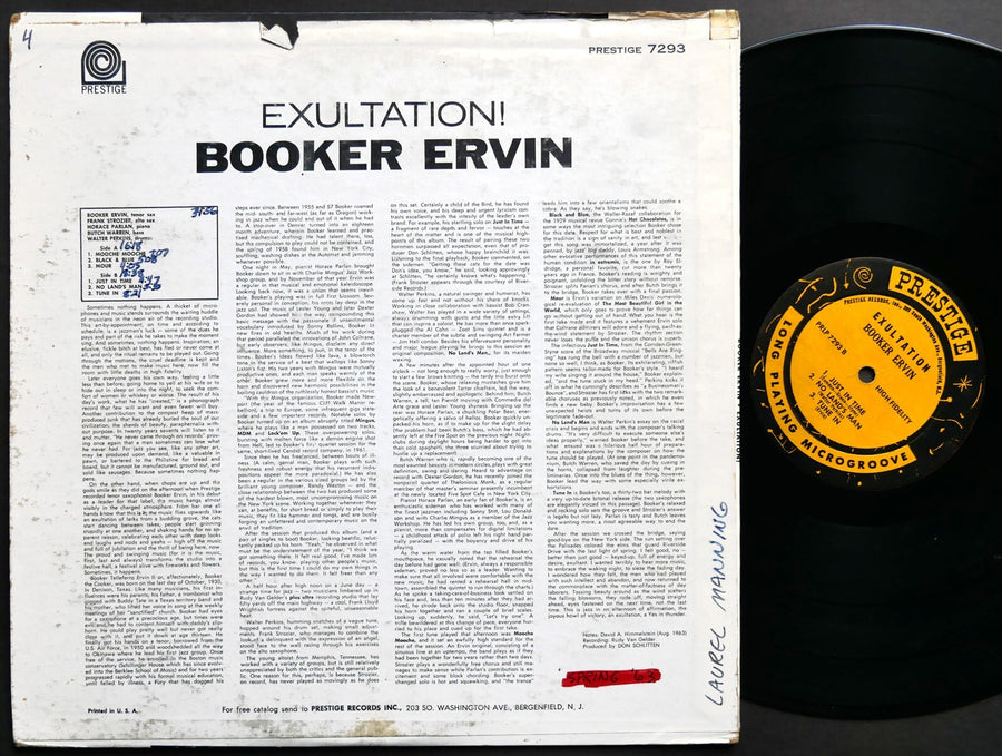 BOOKER ERVIN Exultation! LP PRESTIGE PRLP 7293 US 1963 NJ RVG MONO Horace Parlan