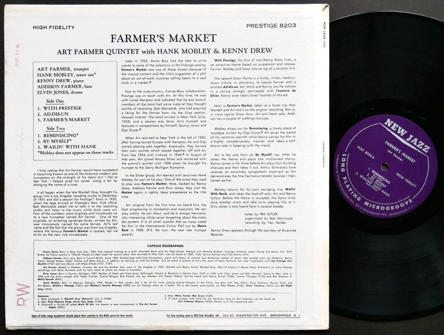 ART FARMER Farmer's Market LP NEW JAZ NJLP 8203 MONO Hank Mobley Elvin Jones