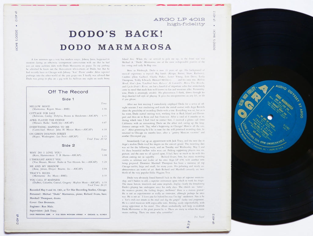 DODO MARMAROSA Dodo's Back LP ARGO LP 4012 US 1961 JAZZ MONO Richard Evans VG+