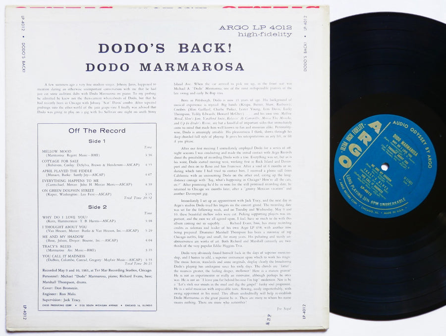 DODO MARMAROSA Dodo's Back LP ARGO LP 4012 US 1961 JAZZ MONO Richard Evans VG+
