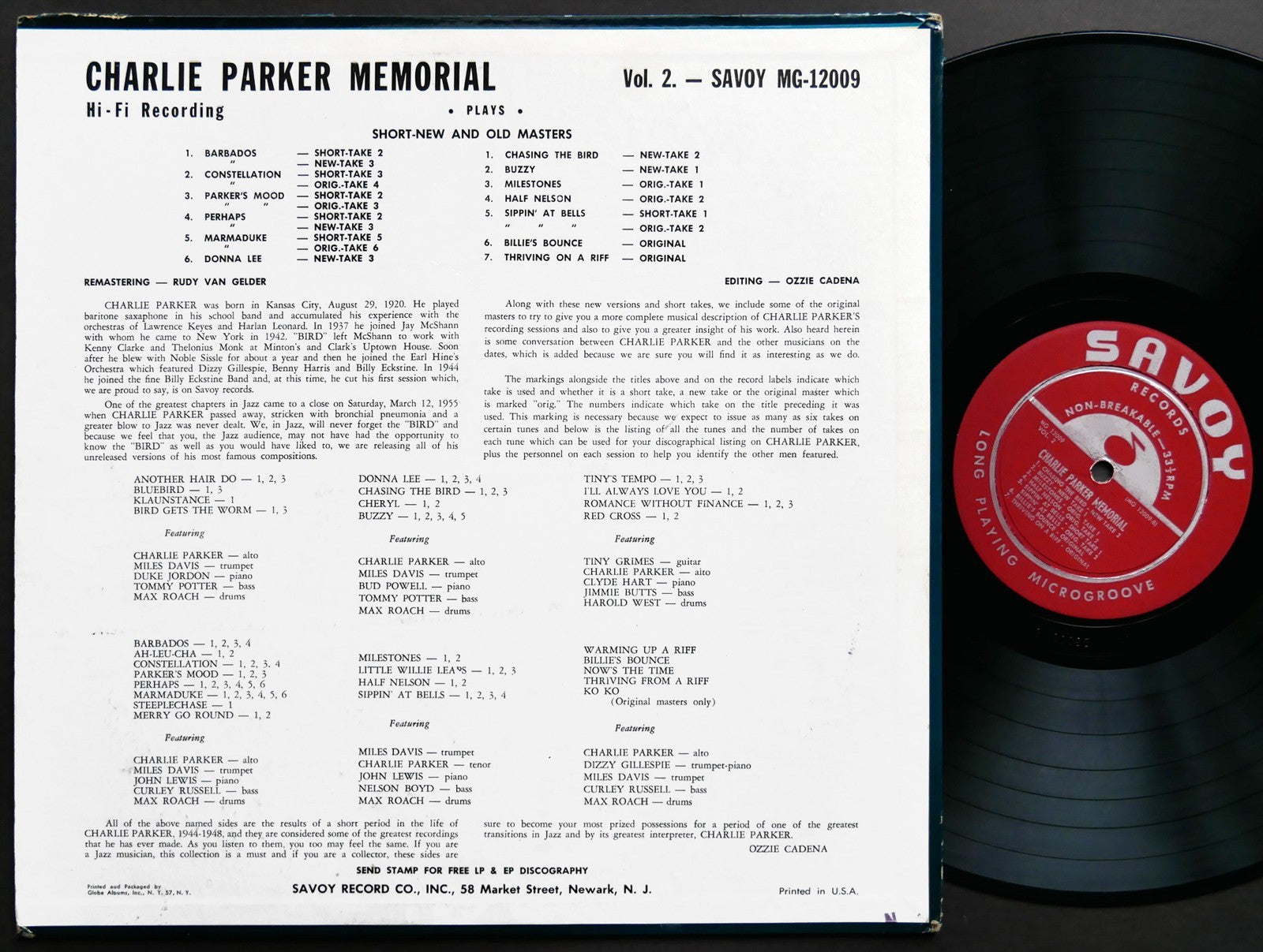 CHARLIE PARKER MILES DAVIS Memorial Vol. 2 LP SAVOY MG-12009 US 1955 RVG DG MONO