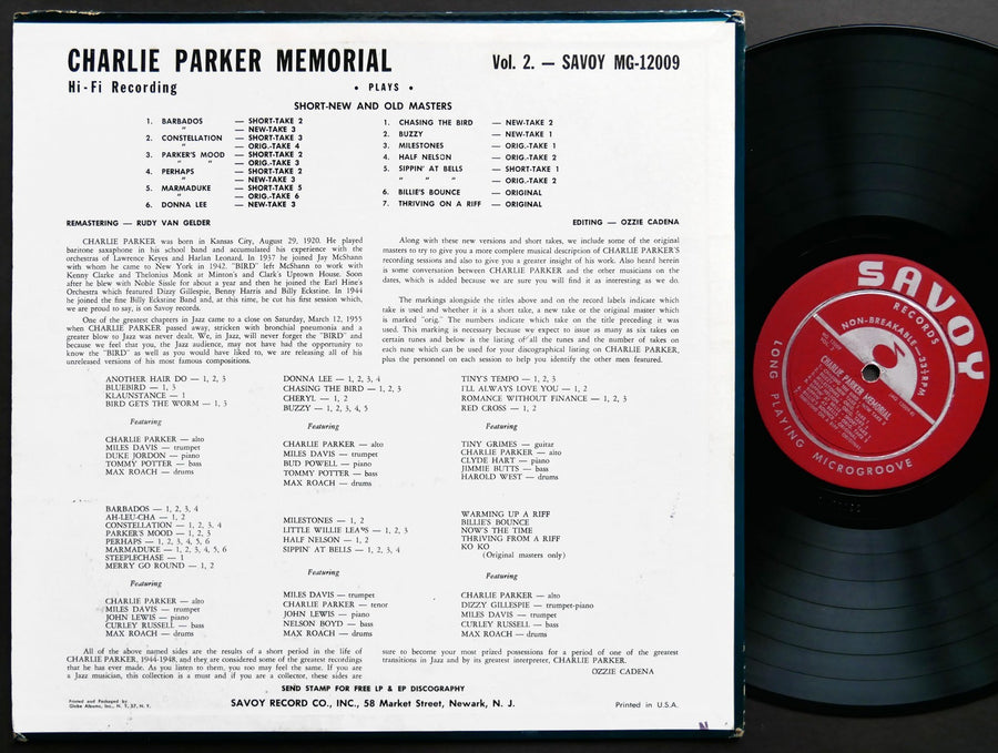 CHARLIE PARKER MILES DAVIS Memorial Vol. 2 LP SAVOY MG-12009 US 1955 RVG DG MONO