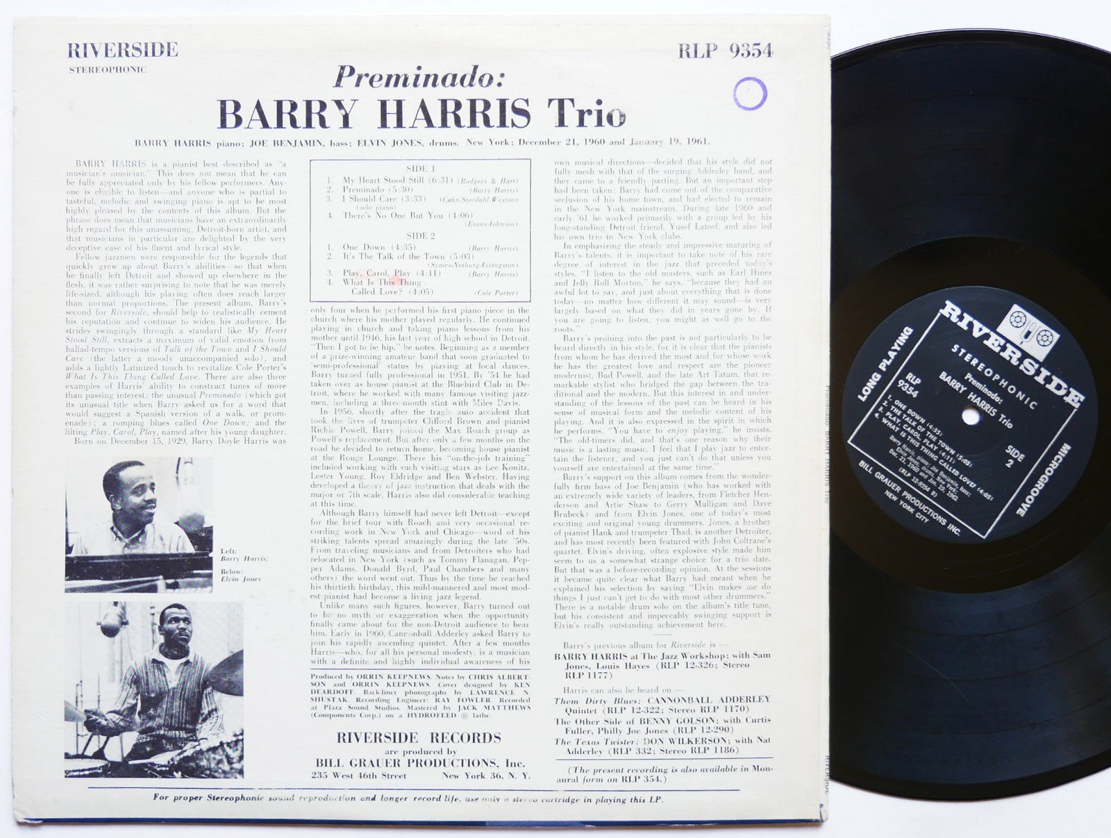BARRY HARRIS TRIO Preminado LP RIVERSIDE RLP 9354 US 1961 JAZZ Elvin Jones VG+