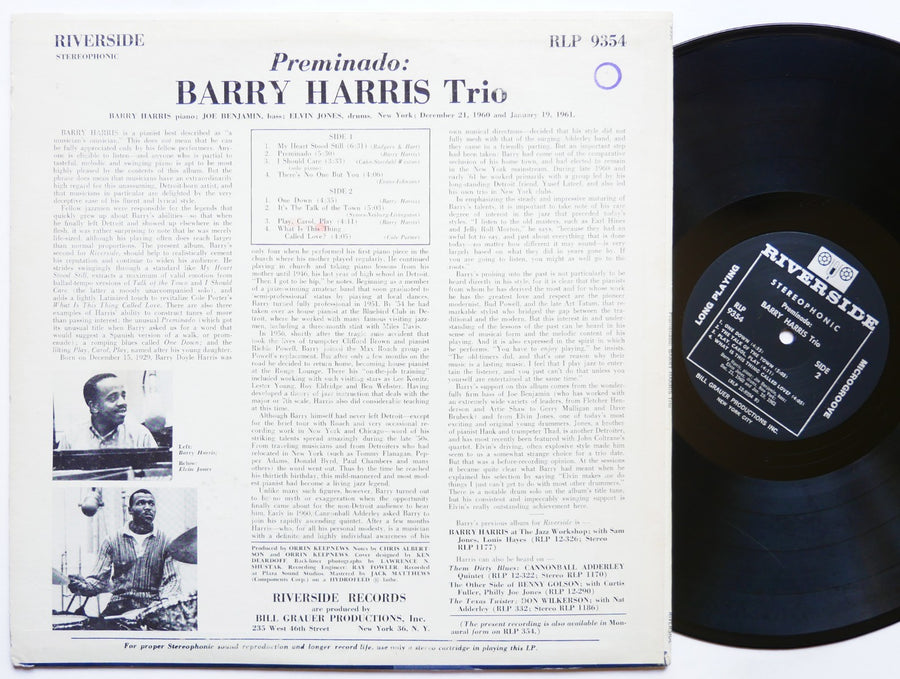 BARRY HARRIS TRIO Preminado LP RIVERSIDE RLP 9354 US 1961 JAZZ Elvin Jones VG+