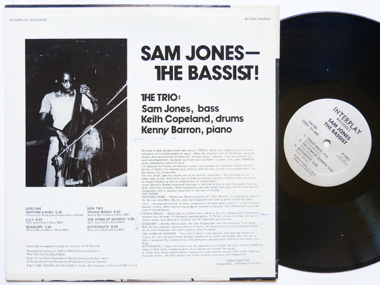 SAM JONES The Bassist LP INTERPLAY RECORDS IP-7720 US '80 DSM Kenny Barron CLEAN