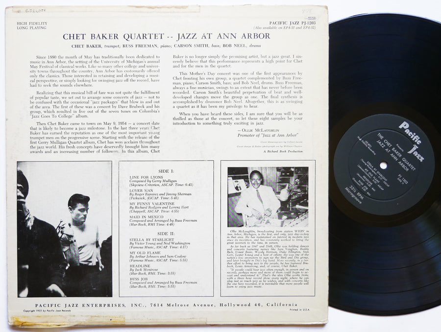CHET BAKER Quartet Jazz At Ann Arbor LP PACIFIC JAZZ PJ 1203 US 1955 DG MONO
