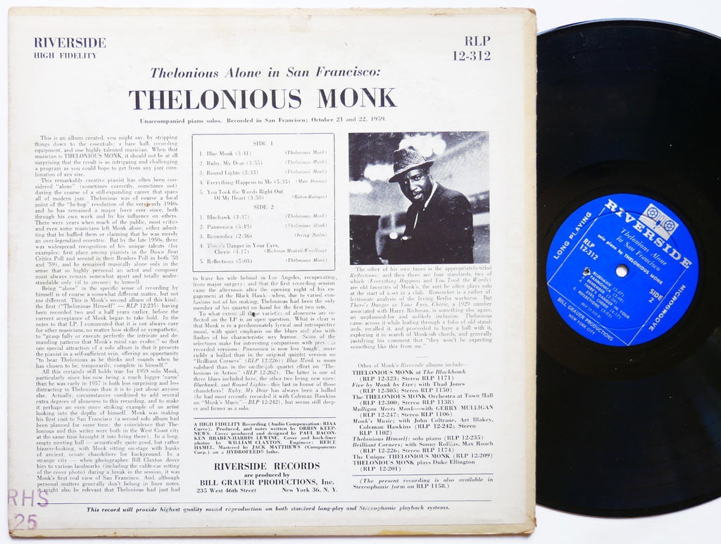 THELONIOUS MONK Alone In San Francisco LP RIVERSIDE RLP 12-312 US 1960 DG MONO