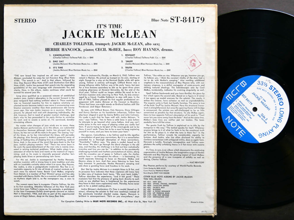 JACKIE MCLEAN It's Time! LP BLUE NOTE 84179 US 1965 NY EAR RVG Herbie Hancock