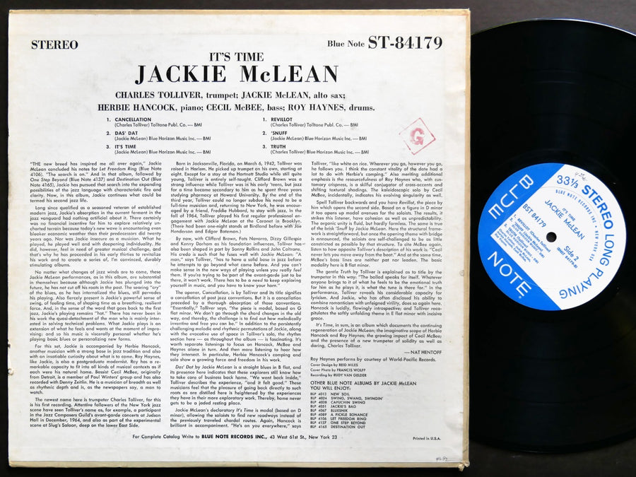 JACKIE MCLEAN It's Time! LP BLUE NOTE 84179 US 1965 NY EAR RVG Herbie Hancock