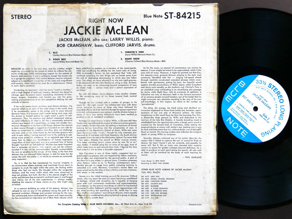 JACKIE MCLEAN Right Now! LP BLUE NOTE BST 84215 US 1966 NY RVG Larry Willis VG+