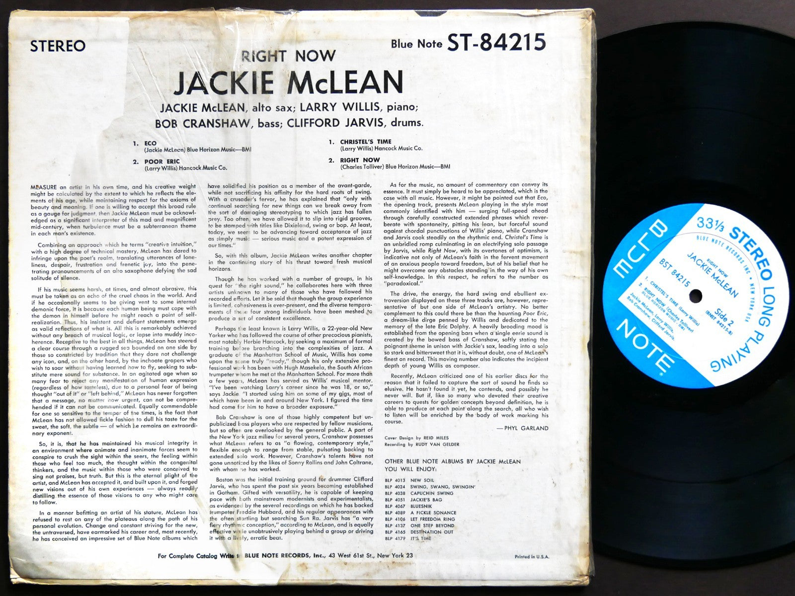 JACKIE MCLEAN Right Now! LP BLUE NOTE BST 84215 US 1966 NY RVG Larry Willis VG+