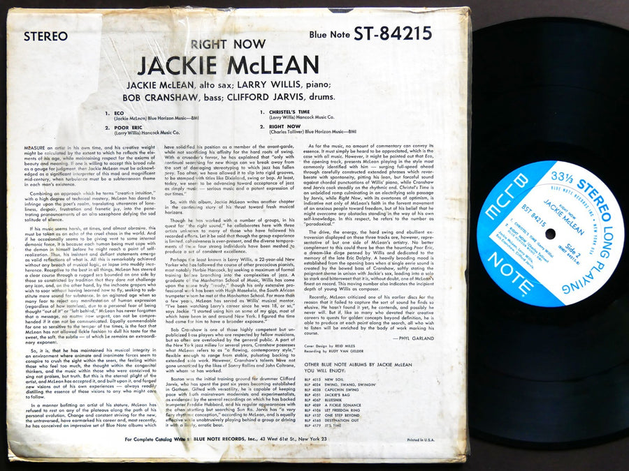JACKIE MCLEAN Right Now! LP BLUE NOTE BST 84215 US 1966 NY RVG Larry Willis VG+