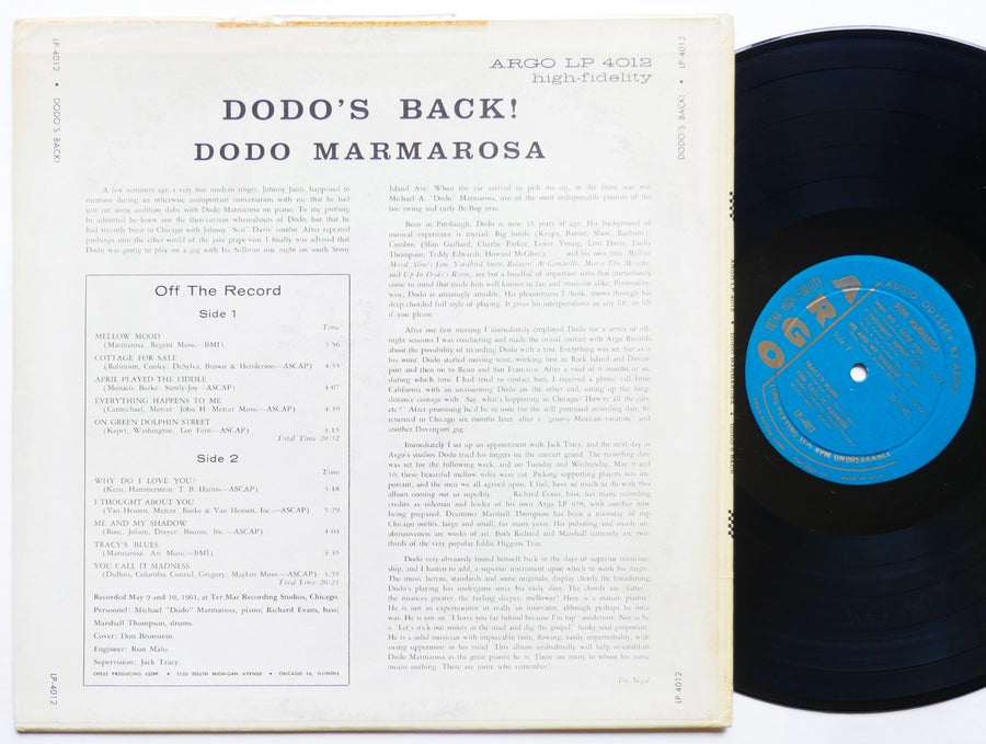 DODO MARMAROSA Dodo's Back LP ARGO LP 4012 US 1961 JAZZ MONO Richard Evans