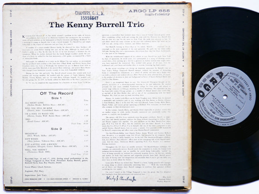 KENNY BURRELL A Night At The Vanguard LP ARGO LP 655 US 1960 DG MONO Roy Haynes