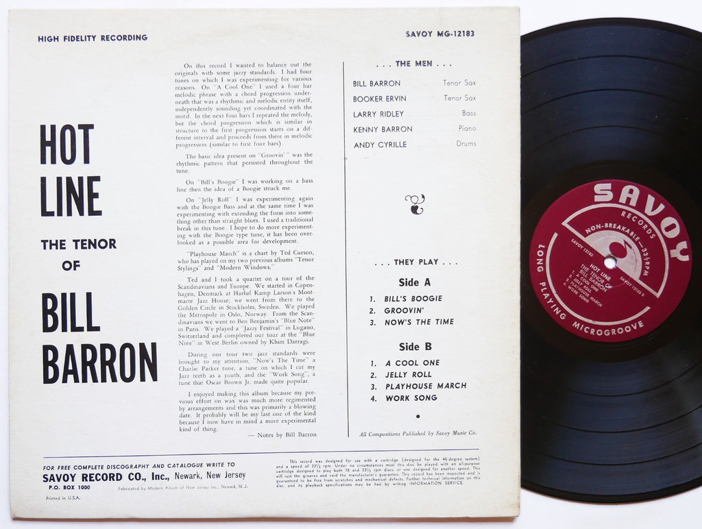 BILL BARRON Hot Line The Tenor Of LP SAVOY MG-12183 US 1964 MONO Booker Ervin