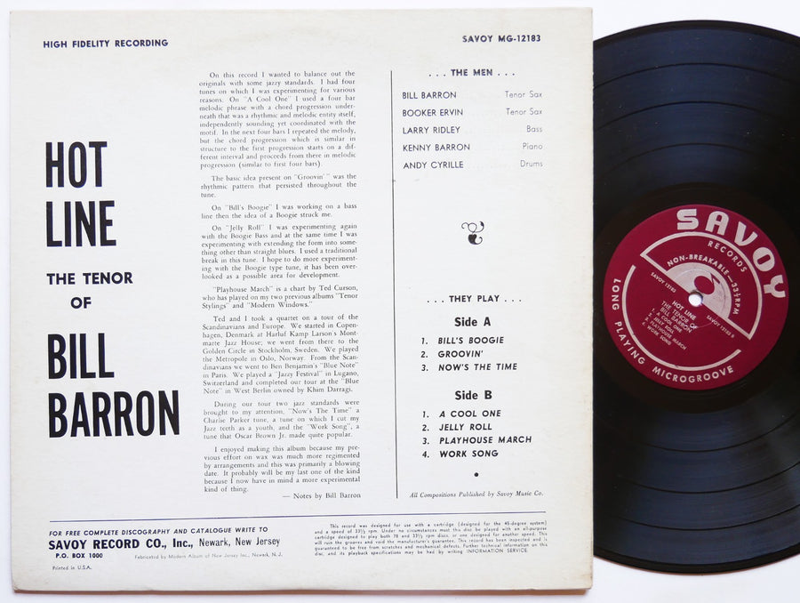 BILL BARRON Hot Line The Tenor Of LP SAVOY MG-12183 US 1964 MONO Booker Ervin