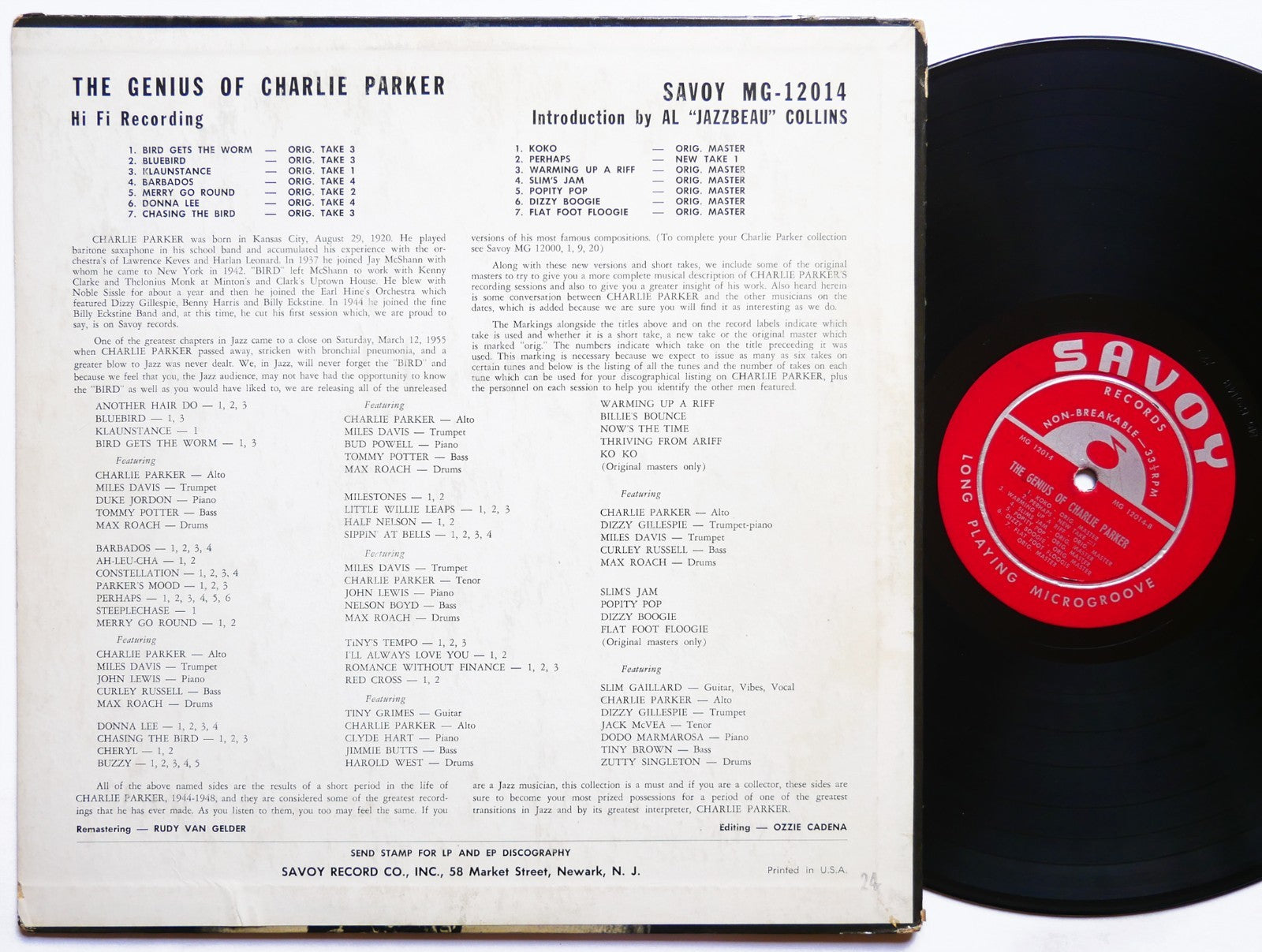 CHARLIE PARKER The Genius Of LP SAVOY MG-12014 MONO Miles Davis Dizzy Gillespie