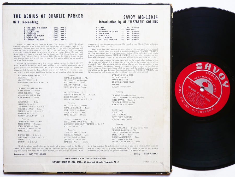 CHARLIE PARKER The Genius Of LP SAVOY MG-12014 MONO Miles Davis Dizzy Gillespie