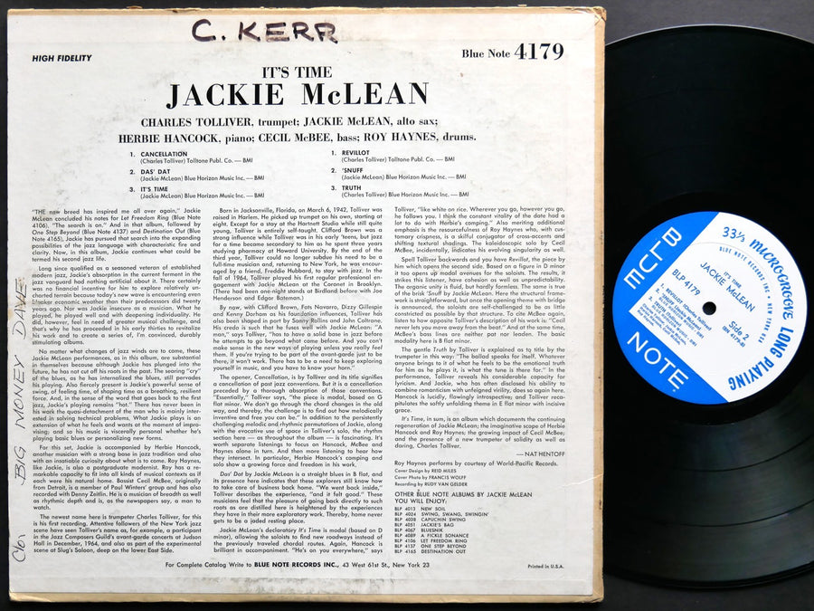 JACKIE MCLEAN It's Time! LP BLUE NOTE BLP 4179 US '65 NY EAR MONO Herbie Hancock