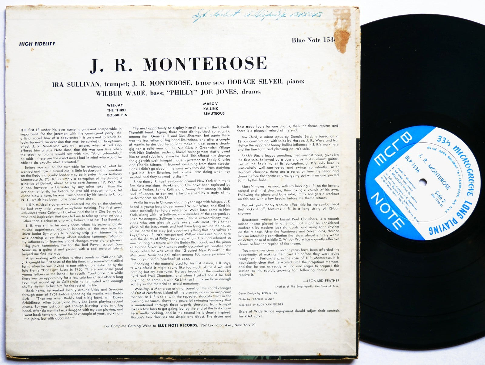 J.R. MONTEROSE LP BLUE NOTE BLP 1536 US 1957 LEXINGTON RVG EAR DG MONO FLAT Jazz