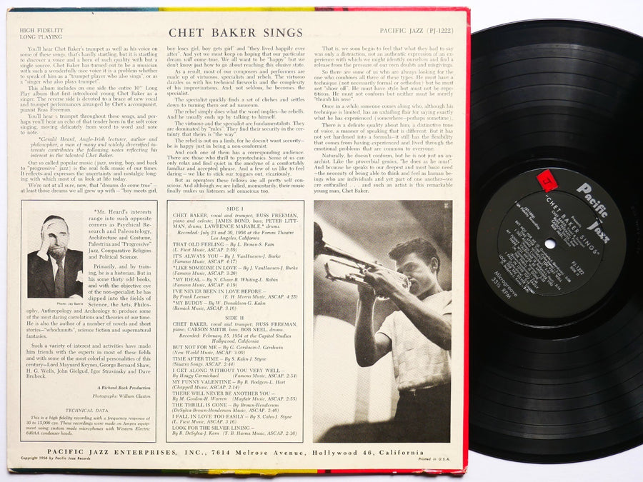 CHET BAKER Sings LP PACIFIC JAZZ PJ-1222 US 1956 DG MONO Russ Freeman