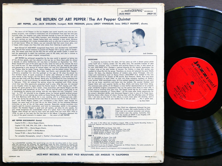 ART PEPPER The Return Of .. LP JAZZ: WEST JWLP-10 US 1957 DG MONO Jack Sheldon