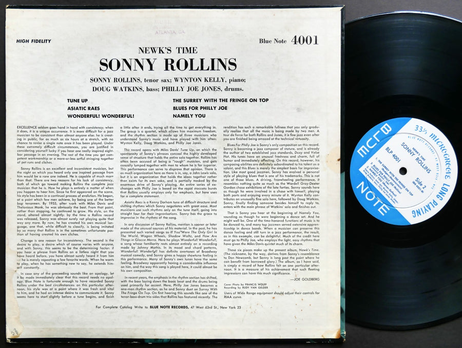 SONNY ROLLINS Newk's Time LP BLUE NOTE 4001 EAR MONO Wynton Kelly Doug Watkins
