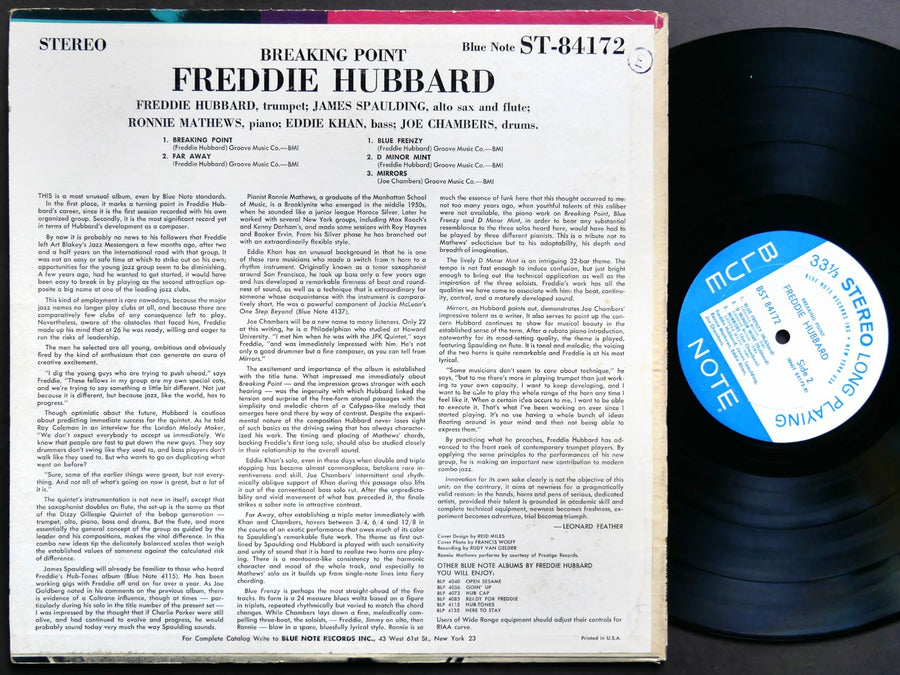 FREDDIE HUBBARD Breaking Point LP BLUE NOTE BST 84172 US 1964 NY Ronnie Mathews