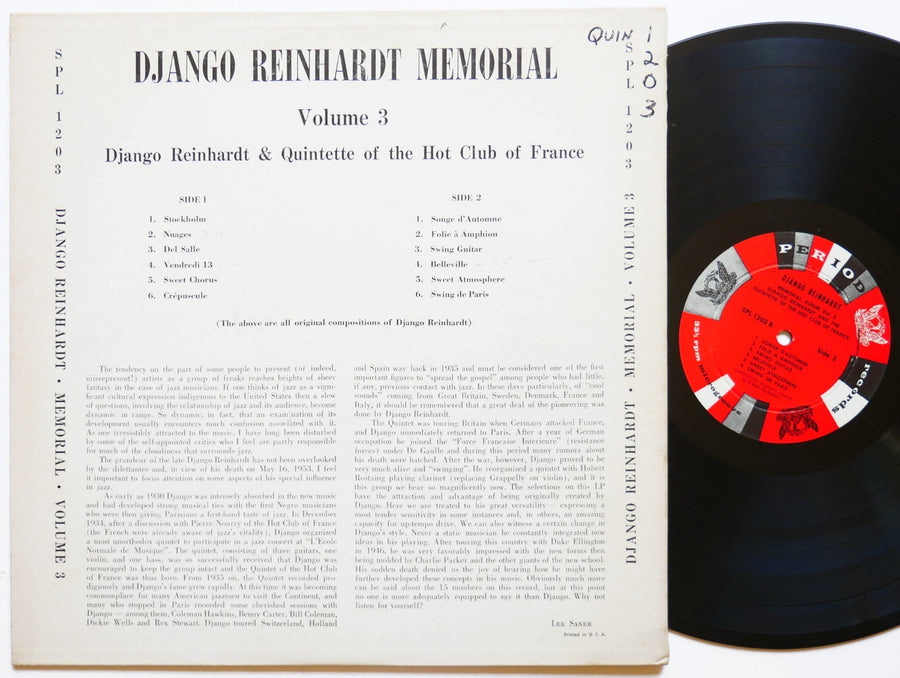 DJANGO REINHARDT Memorial Album Volume 3 LP PERIOD SPL 1203 US 1956 DG MONO VG+