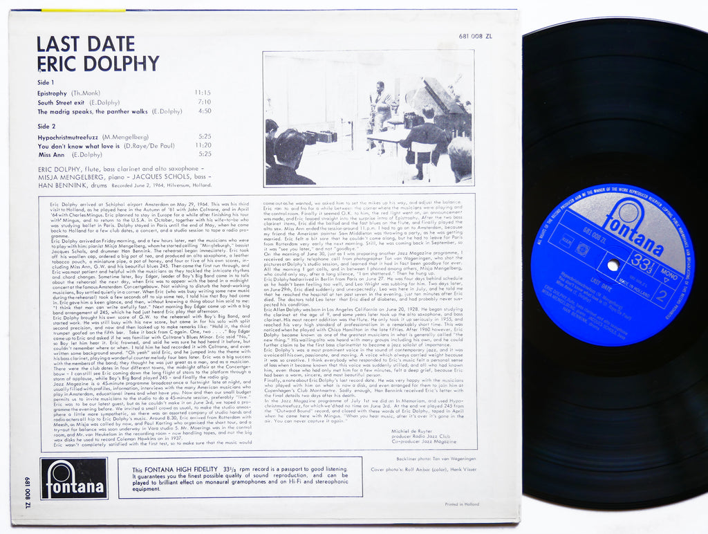 ERIC DOLPHY Last Date LP FONTANA 681 008 ZL NETHERLANDS 1965 MONO JAZZ CLEAN