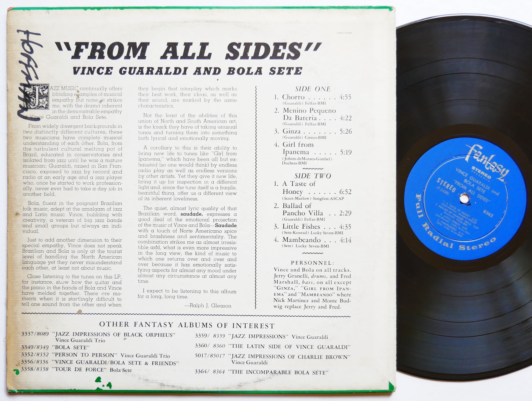 VINCE GUARALDI BOLA SETE From All Sides LP FANTASY 8362 US 1964 DG ST JAZZ