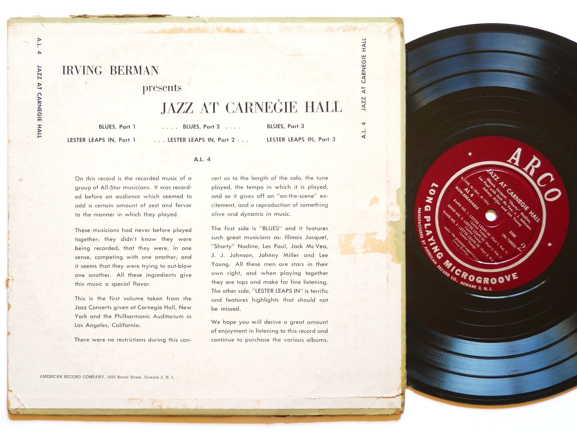 ILLINOIS JACQUET LEE YOUNG Jazz At Carnegie Hall Vol 1 LP ARCO AL 4 DG MONO 10"