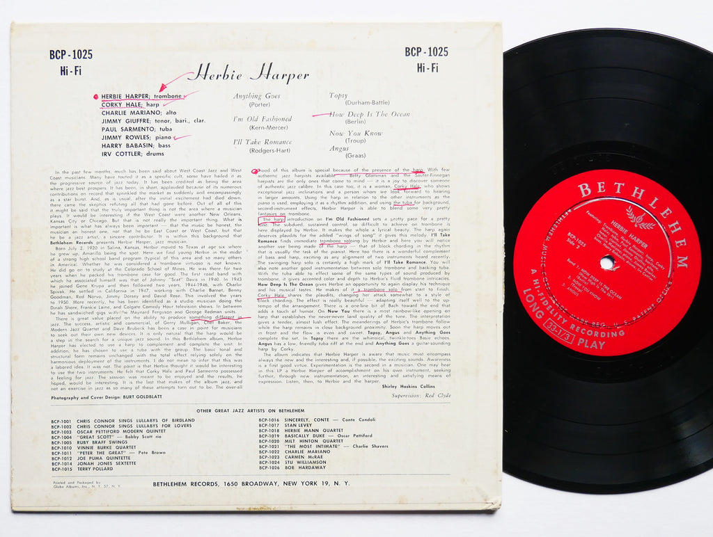HERBIE HARPER 10" LP BETHLEHEM RECORDS BCP 1025 DG MONO JAZZ Charlie Mariano