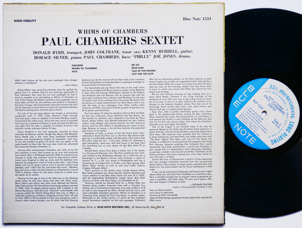 PAUL CHAMBERS Whims Of Chambers LP BLUE NOTE BLP 1534 US 1957 MONO John Coltrane