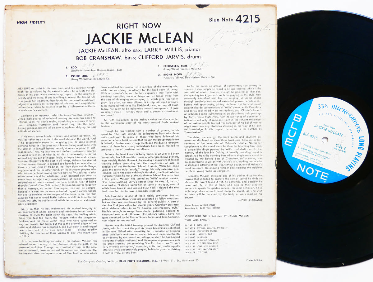 JACKIE MCLEAN Right Now! LP BLUE NOTE BLP 4215 US 1966 NY RVG MONO Larry Willis
