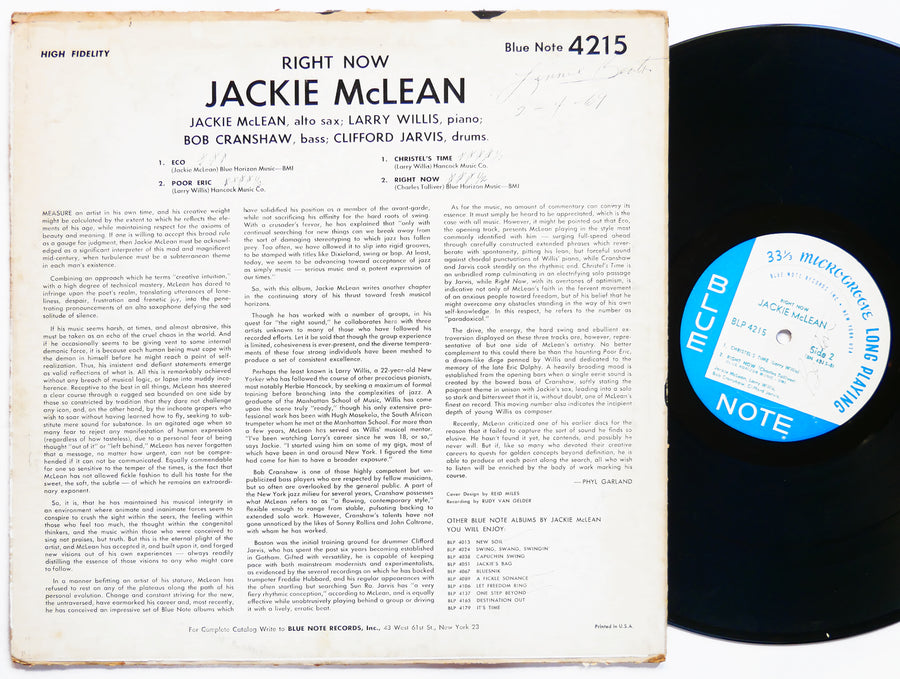 JACKIE MCLEAN Right Now! LP BLUE NOTE BLP 4215 US 1966 NY RVG MONO Larry Willis