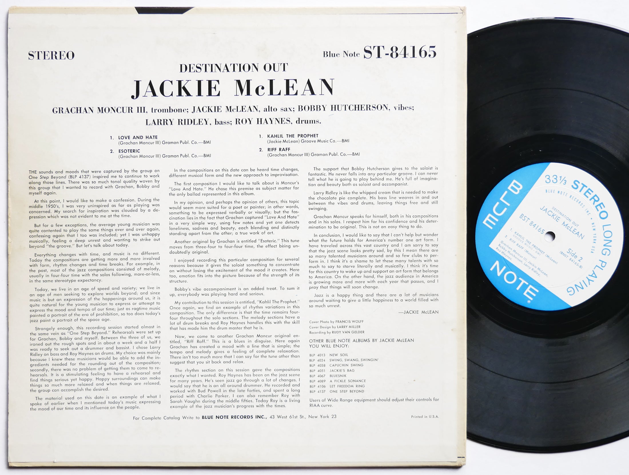 JACKIE MCLEAN Destination Out! LP BLUE NOTE 84165 NY EAR MONO Grachan Moncur III