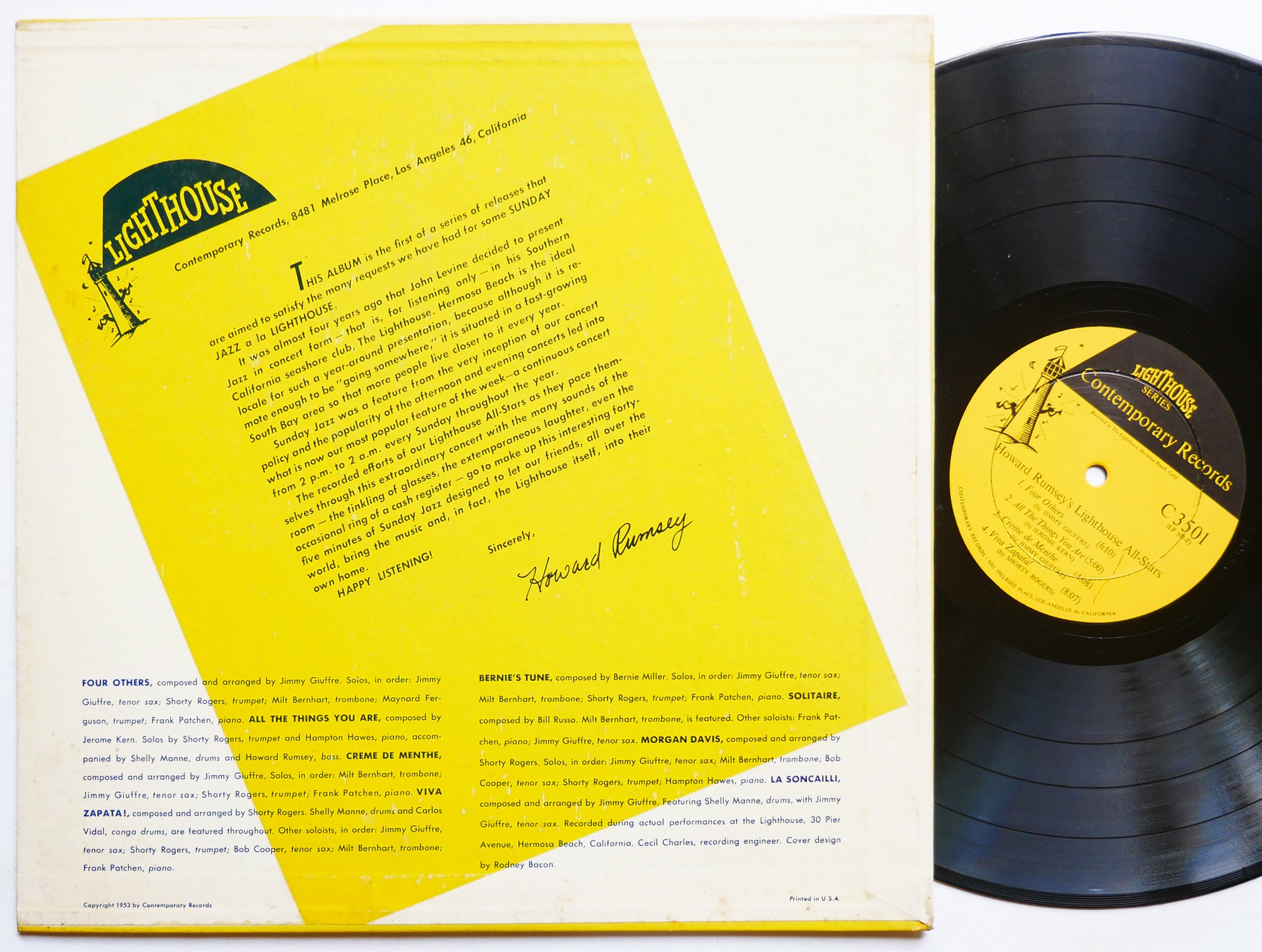 HOWARD RUMSEY Sunday Jazz A La Lighthouse 1 LP CONTEMPORARY C3501 Hampton Hawes