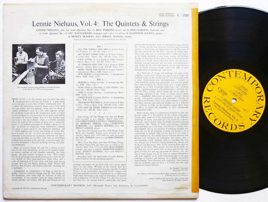 LENNIE NIEHAUS Vol. 4 The Quintets & Strings LP CONTEMPORARY C3510 Hampton Hawes